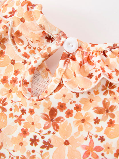 Fall Rust Floral Baby Girls Dress | Smocked Petal Collar Dress | Autumn Boutique Toddler Outfit