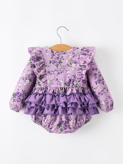 💜 Fall Lavender Floral Print Girls Long Sleeve Romper | Boutique Baby & Toddler Outfit