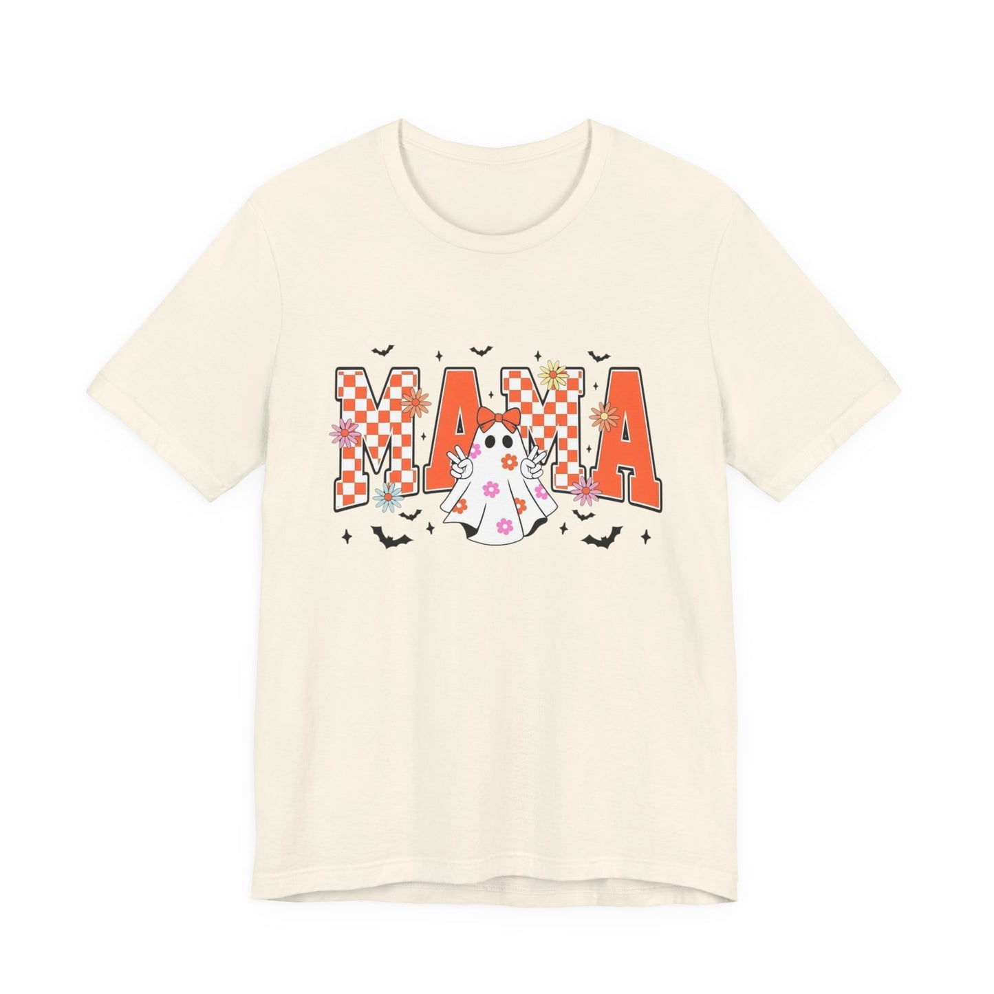 Mama Halloween T-Shirt — Cute Ghost & Checkerboard Lettering
