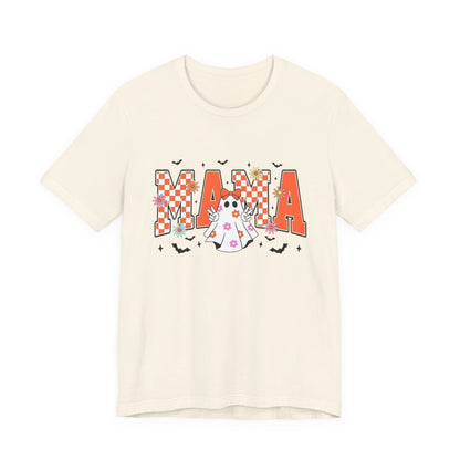 Mama Halloween T-Shirt — Cute Ghost & Checkerboard Lettering