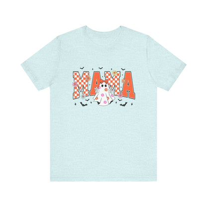 Mama Halloween T-Shirt — Cute Ghost & Checkerboard Lettering