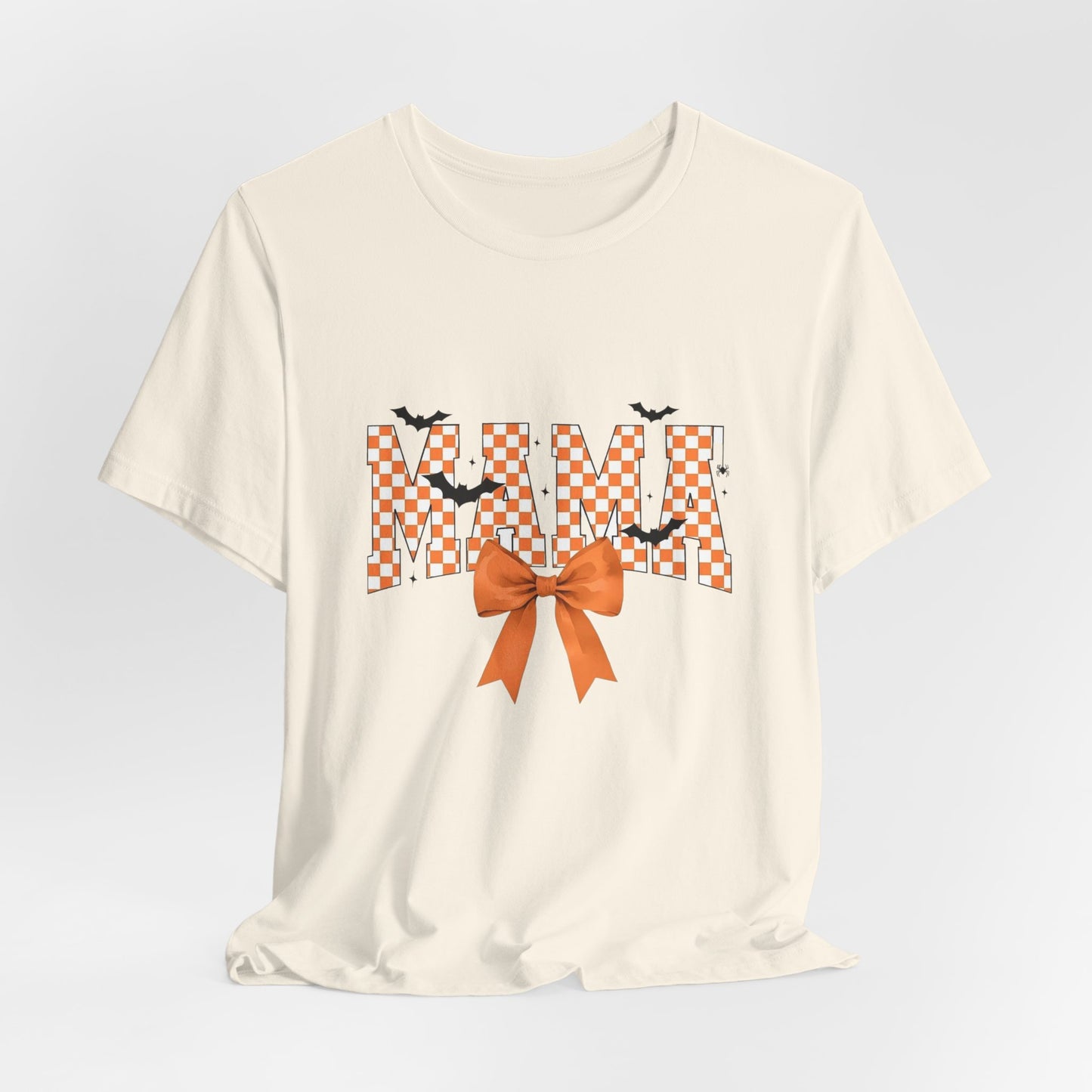 Mami Halloween Tee — Orange Checker 'MAMI' with Bow & Bats