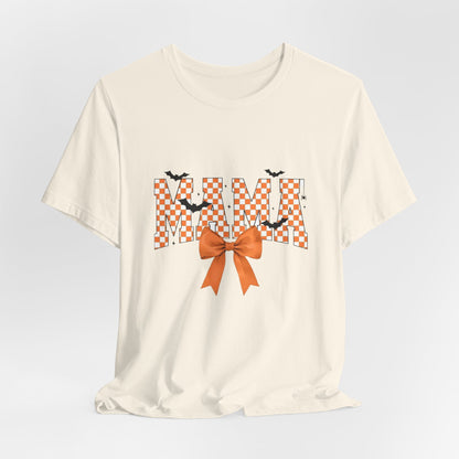 Mami Halloween Tee — Orange Checker 'MAMI' with Bow & Bats