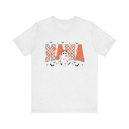 Mama Halloween T-Shirt — Cute Ghost & Checkerboard Lettering