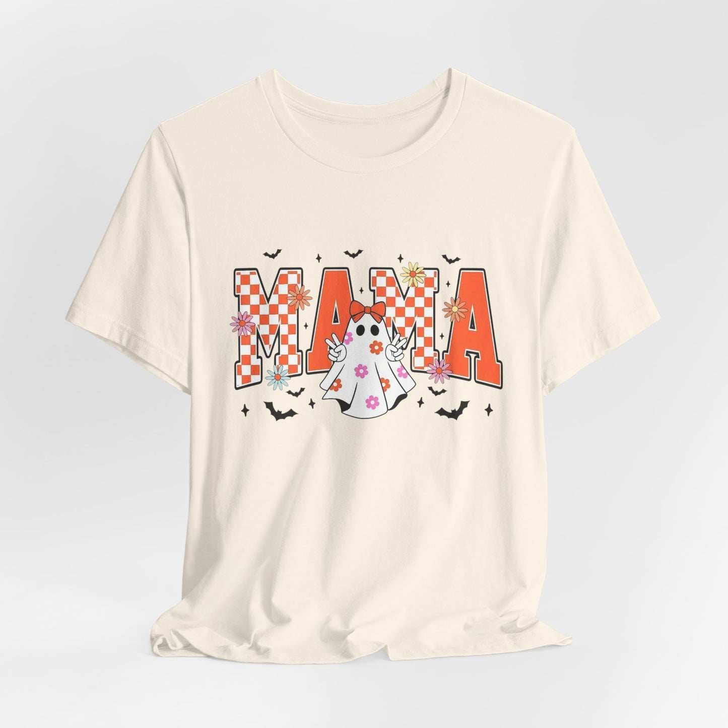 Mama Halloween T-Shirt — Cute Ghost & Checkerboard Lettering
