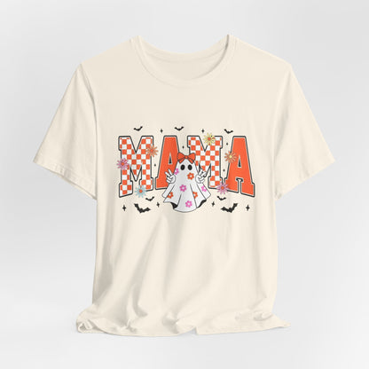 Mama Halloween T-Shirt — Cute Ghost & Checkerboard Lettering