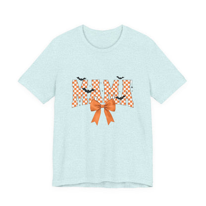 Mami Halloween Tee — Orange Checker 'MAMI' with Bow & Bats