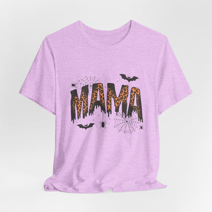 Mama Halloween Tee — Leopard Drip "MAMA" with Bats & Spiders Halloween Shirt