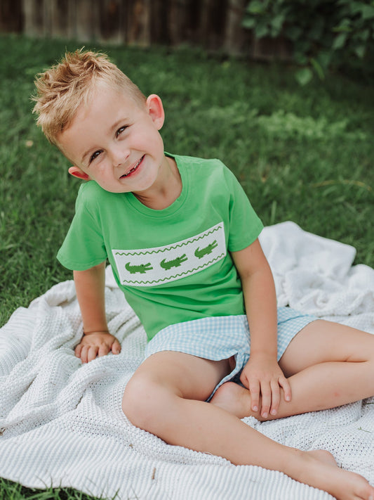 Toddler Boys Summer Crocodile Embroidered Plaid Shorts Set | Boutique Baby Boy Outfit | Animal Applique Summer Clothing