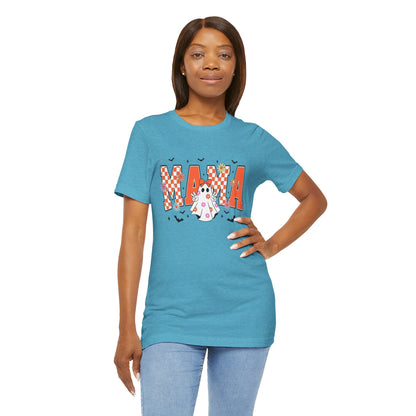 Mama Halloween T-Shirt — Cute Ghost & Checkerboard Lettering