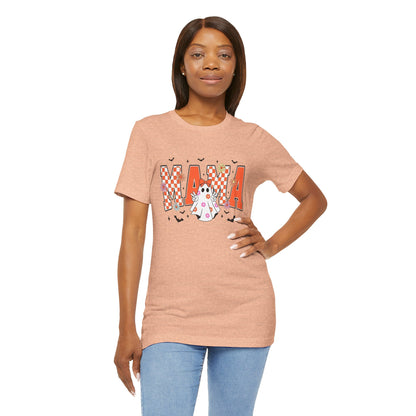 Mama Halloween T-Shirt — Cute Ghost & Checkerboard Lettering