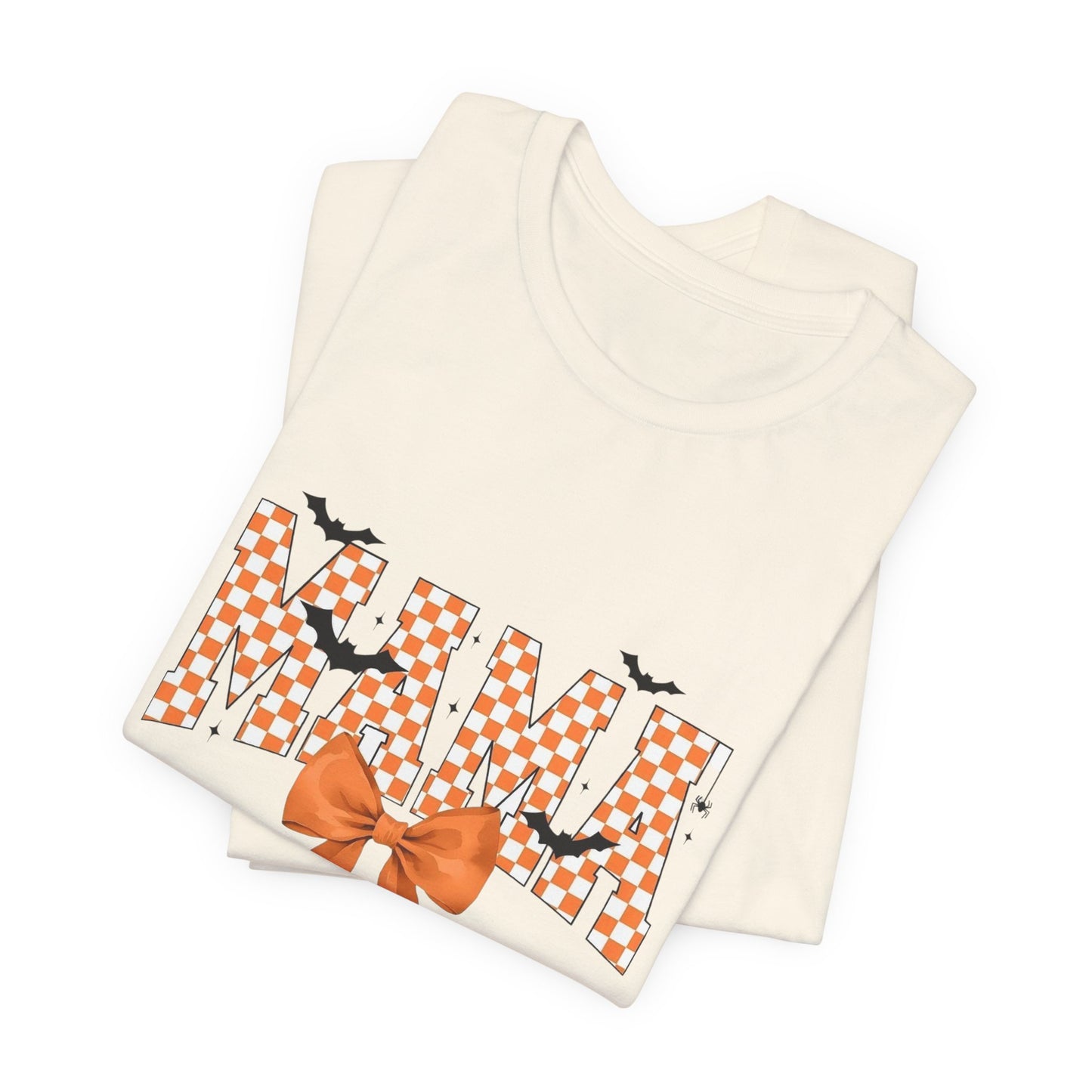 Mami Halloween Tee — Orange Checker 'MAMI' with Bow & Bats