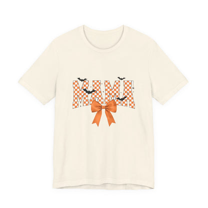Mami Halloween Tee — Orange Checker 'MAMI' with Bow & Bats