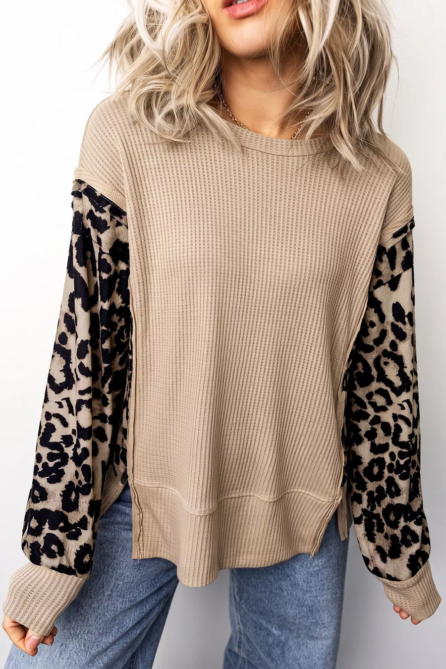 Leopard Sleeve Waffle Knit Split Hem Top