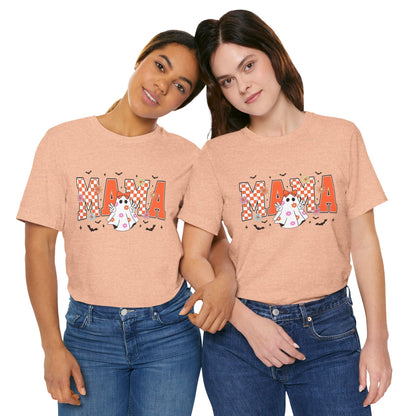 Mama Halloween T-Shirt — Cute Ghost & Checkerboard Lettering