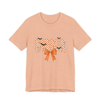 Mami Halloween Tee — Orange Checker 'MAMI' with Bow & Bats