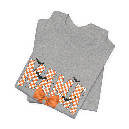 Mami Halloween Tee — Orange Checker 'MAMI' with Bow & Bats