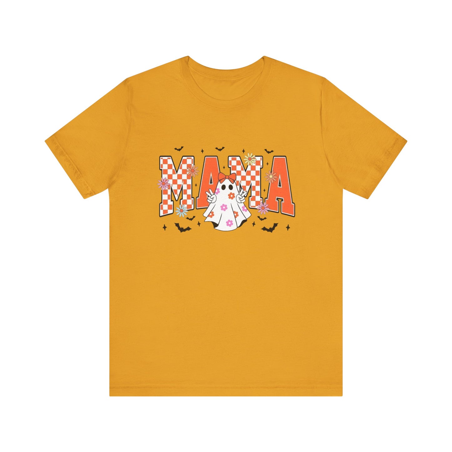Mama Halloween T-Shirt — Cute Ghost & Checkerboard Lettering