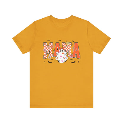 Mama Halloween T-Shirt — Cute Ghost & Checkerboard Lettering
