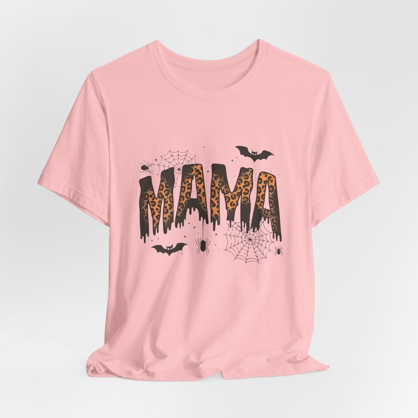 Mama Halloween Tee — Leopard Drip "MAMA" with Bats & Spiders Halloween Shirt