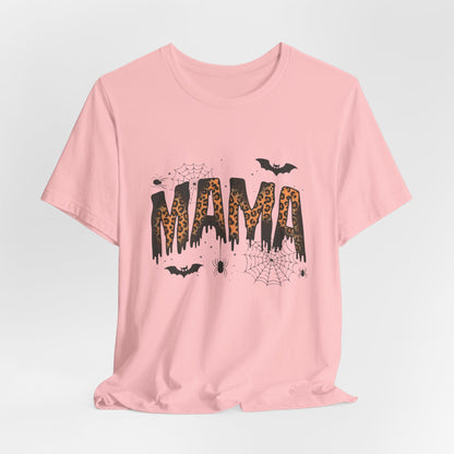 Mama Halloween Tee — Leopard Drip "MAMA" with Bats & Spiders Halloween Shirt