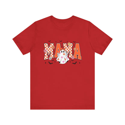 Mama Halloween T-Shirt — Cute Ghost & Checkerboard Lettering