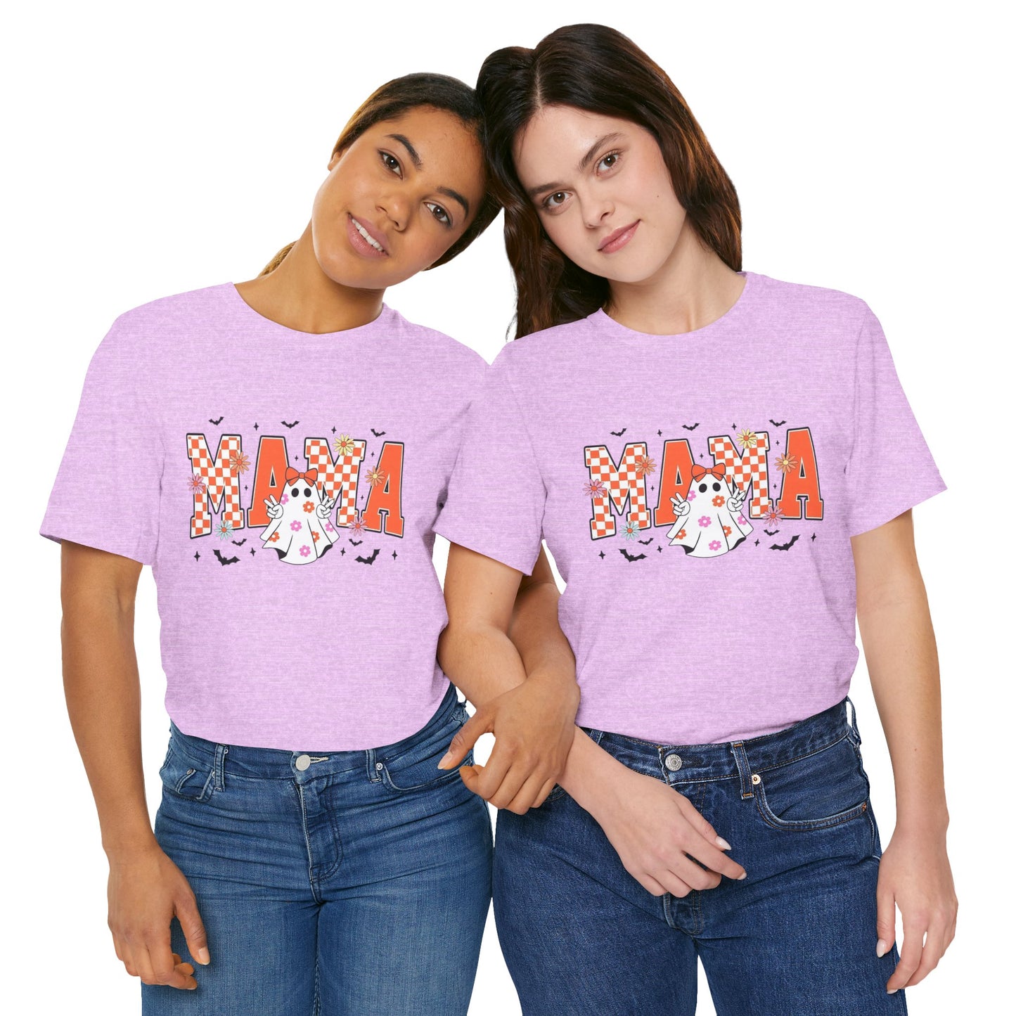 Mama Halloween T-Shirt — Cute Ghost & Checkerboard Lettering