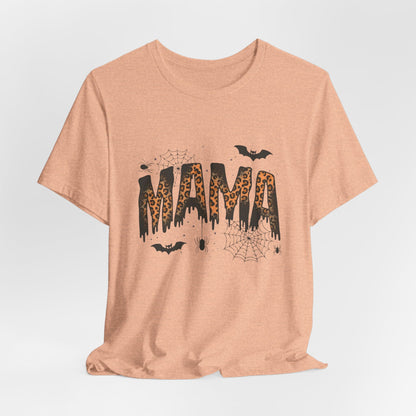 Mama Halloween Tee — Leopard Drip "MAMA" with Bats & Spiders Halloween Shirt