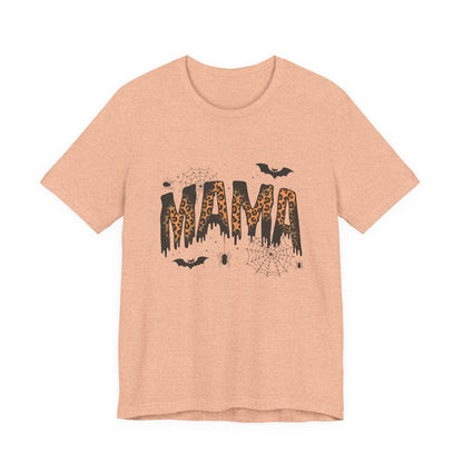 Mama Halloween Tee — Leopard Drip "MAMA" with Bats & Spiders Halloween Shirt