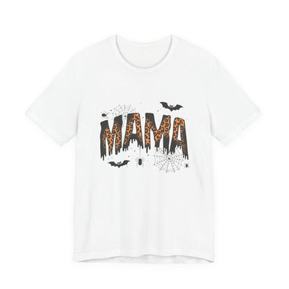Mama Halloween Tee — Leopard Drip "MAMA" with Bats & Spiders Halloween Shirt