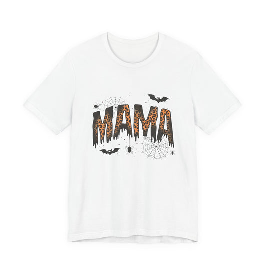 Mama Halloween Tee — Leopard Drip "MAMA" with Bats & Spiders Halloween Shirt