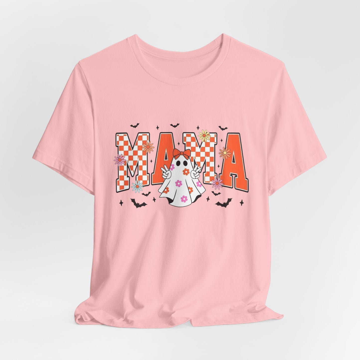 Mama Halloween T-Shirt — Cute Ghost & Checkerboard Lettering