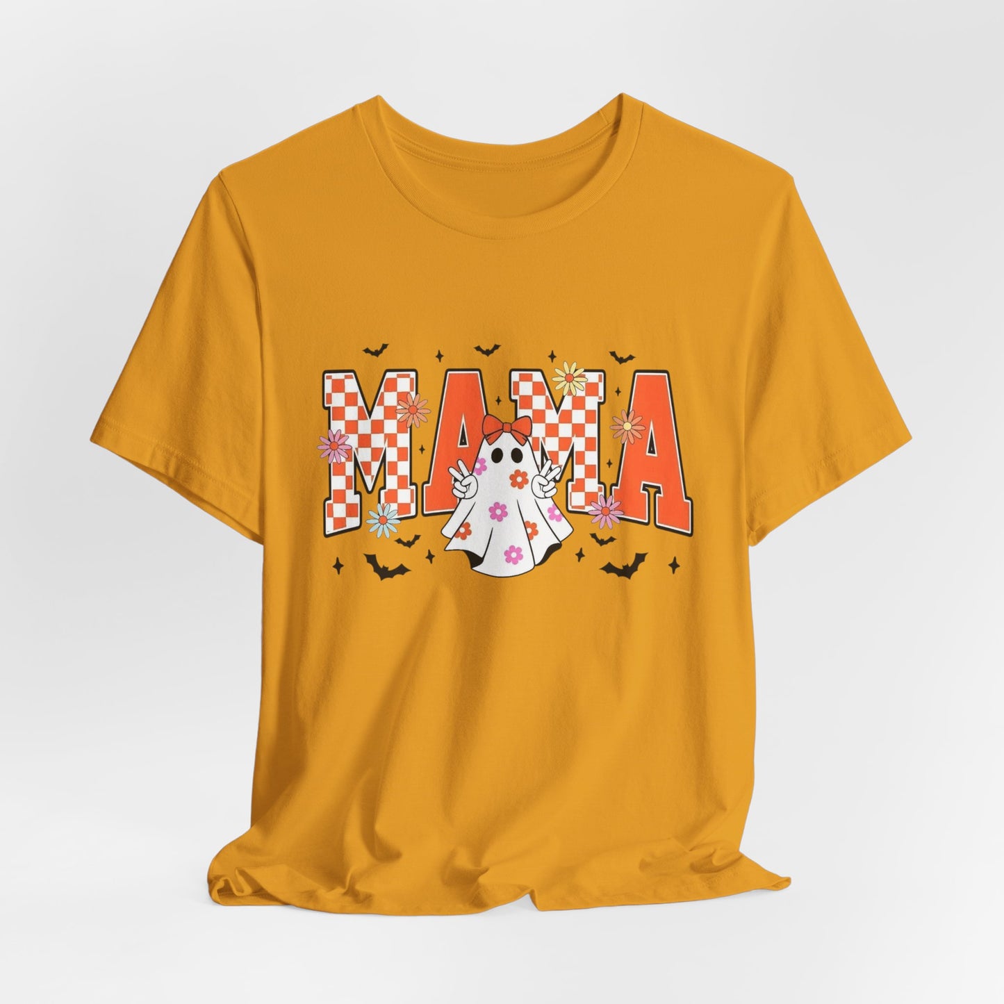 Mama Halloween T-Shirt — Cute Ghost & Checkerboard Lettering