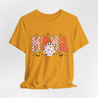 Mama Halloween T-Shirt — Cute Ghost & Checkerboard Lettering