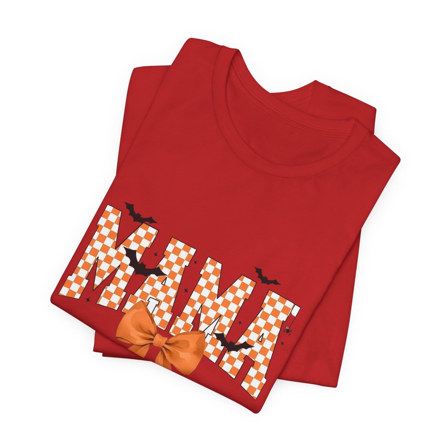Mami Halloween Tee — Orange Checker 'MAMI' with Bow & Bats