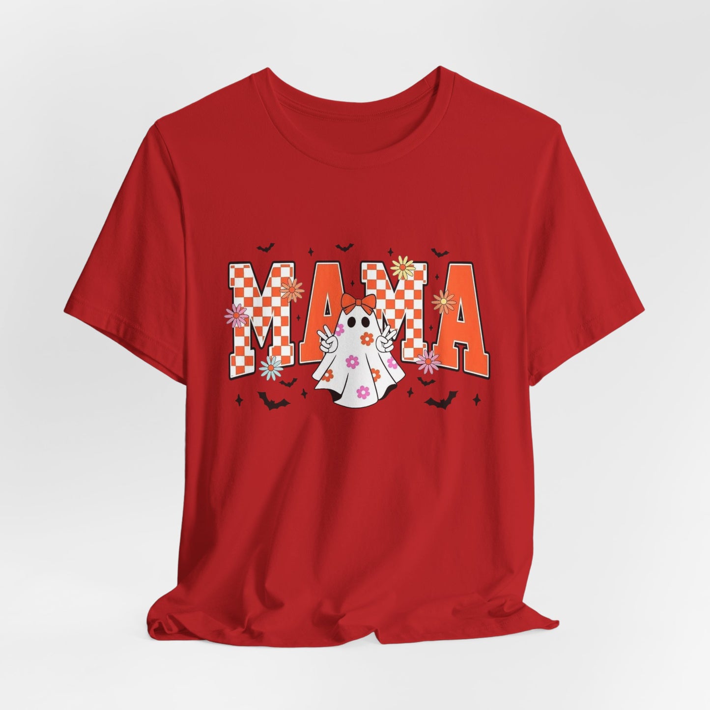 Mama Halloween T-Shirt — Cute Ghost & Checkerboard Lettering