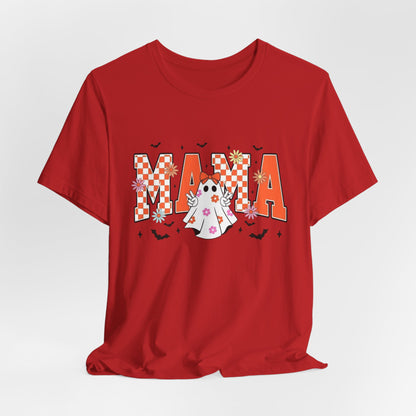 Mama Halloween T-Shirt — Cute Ghost & Checkerboard Lettering
