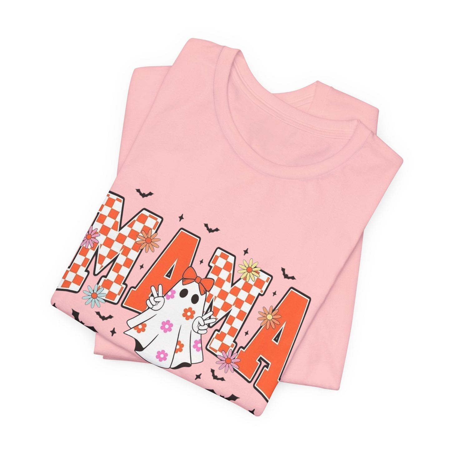 Mama Halloween T-Shirt — Cute Ghost & Checkerboard Lettering