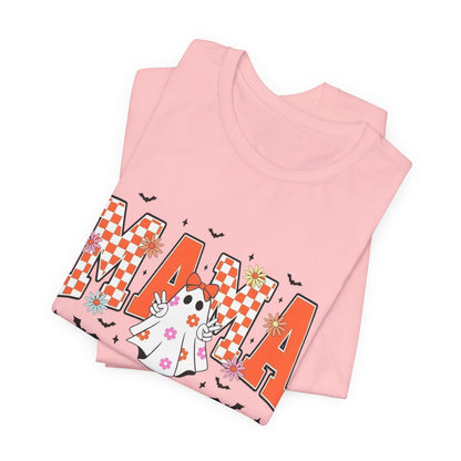 Mama Halloween T-Shirt — Cute Ghost & Checkerboard Lettering