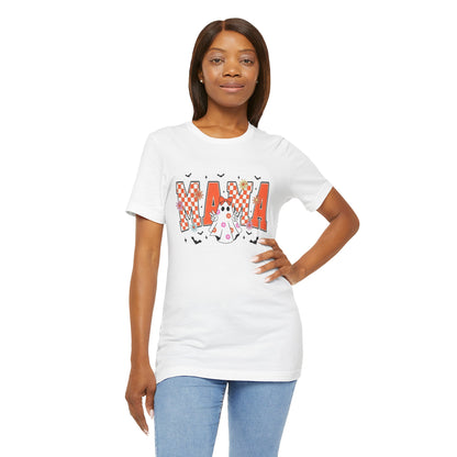 Mama Halloween T-Shirt — Cute Ghost & Checkerboard Lettering