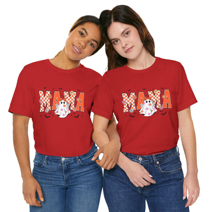 Mama Halloween T-Shirt — Cute Ghost & Checkerboard Lettering