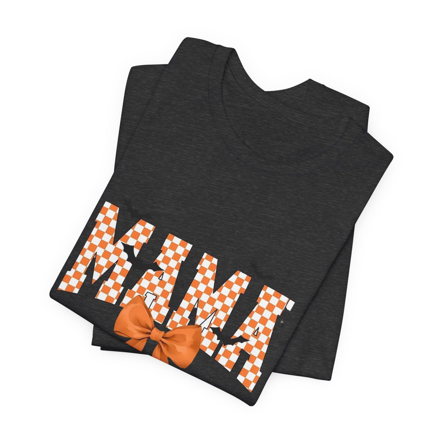 Mami Halloween Tee — Orange Checker 'MAMI' with Bow & Bats
