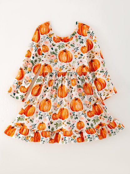 🎃🍂 Girls Fall Pumpkin Print Long Sleeve Dress | Boutique Toddler Autumn Dress
