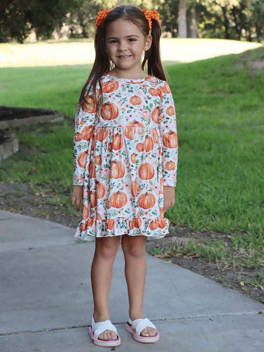 🎃🍂 Girls Fall Pumpkin Print Long Sleeve Dress | Boutique Toddler Autumn Dress
