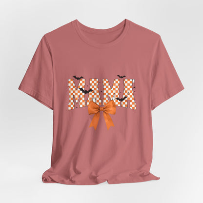 Mami Halloween Tee — Orange Checker 'MAMI' with Bow & Bats