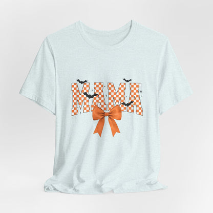 Mami Halloween Tee — Orange Checker 'MAMI' with Bow & Bats