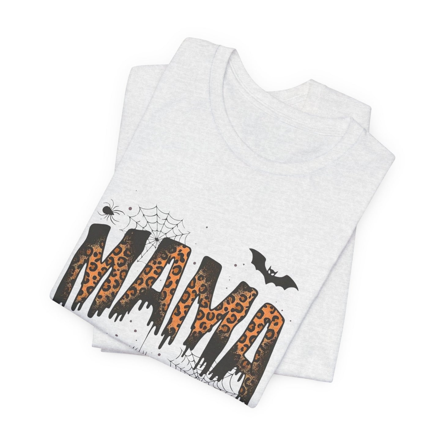 Mama Halloween Tee — Leopard Drip "MAMA" with Bats & Spiders Halloween Shirt