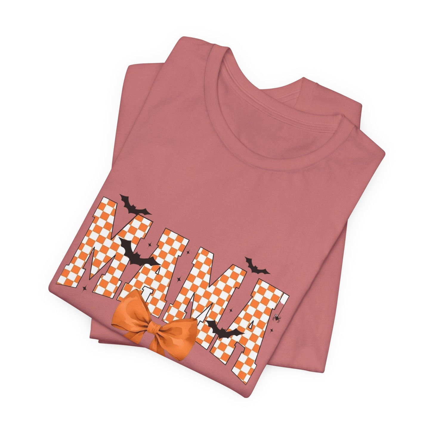 Mami Halloween Tee — Orange Checker 'MAMI' with Bow & Bats