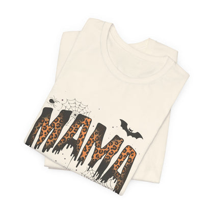 Mama Halloween Tee — Leopard Drip "MAMA" with Bats & Spiders Halloween Shirt