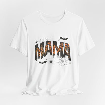 Mama Halloween Tee — Leopard Drip "MAMA" with Bats & Spiders Halloween Shirt